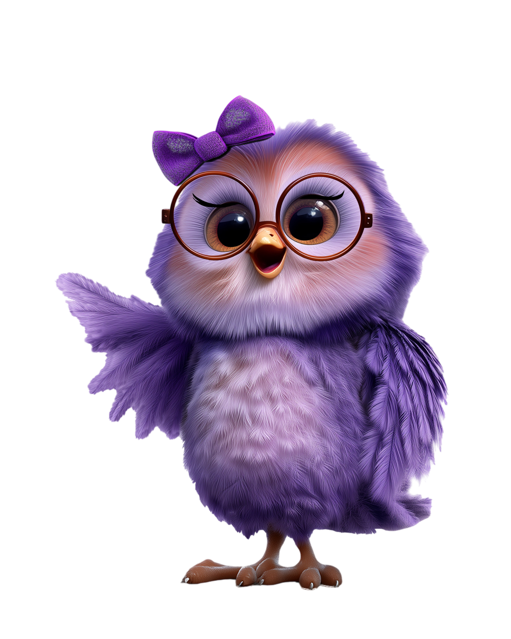 Zin, un búho morado esponjoso con lazo morado y gafas redondas, sorprendido y adorable