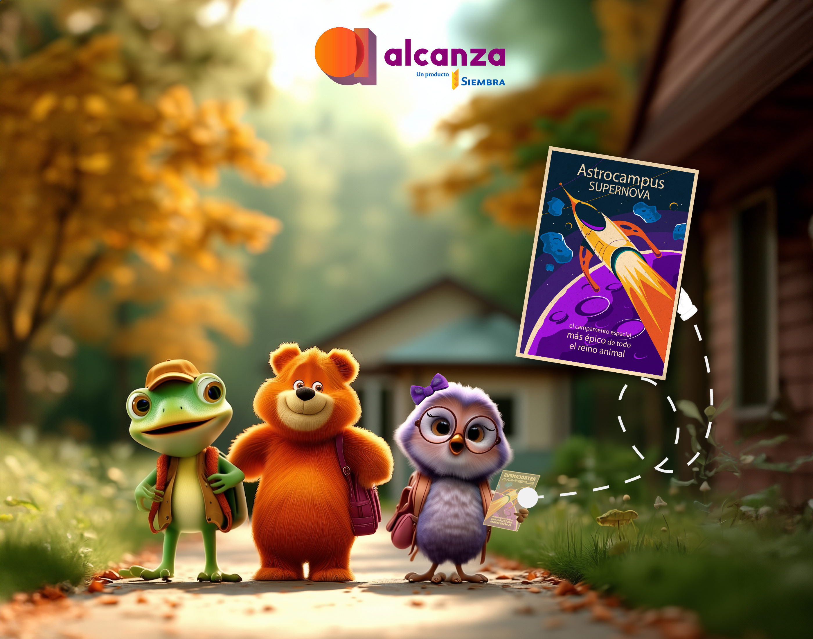 Al el oso, Can la rana y Zin la búho caminando juntos hacia su aventura espacial