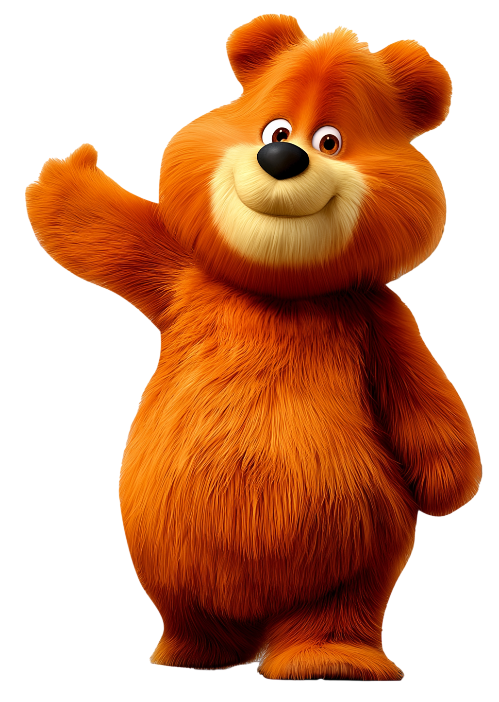 Al, un oso naranja esponjoso y amigable que saluda con la mano